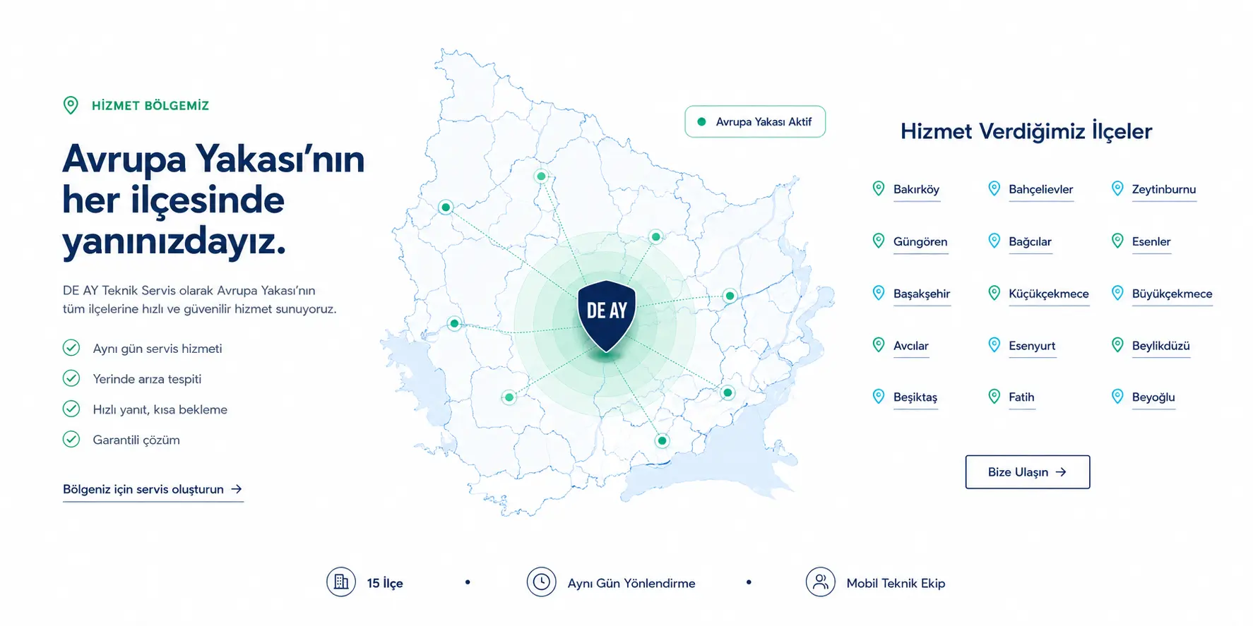 DE AY Teknik Servis Avrupa Yakası hizmet bölgesi ve hizmet verilen ilçeler